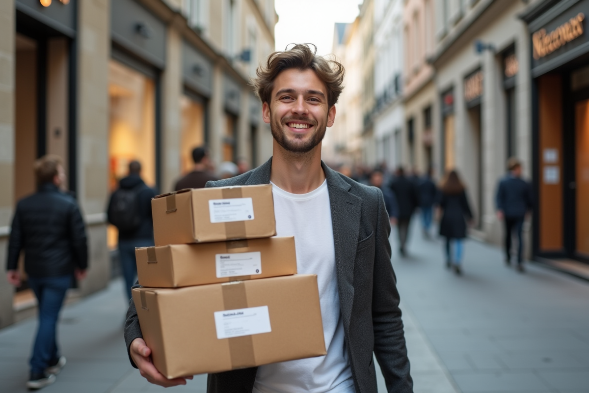 Jeune homme avec colis dans une rue de Luxembourg