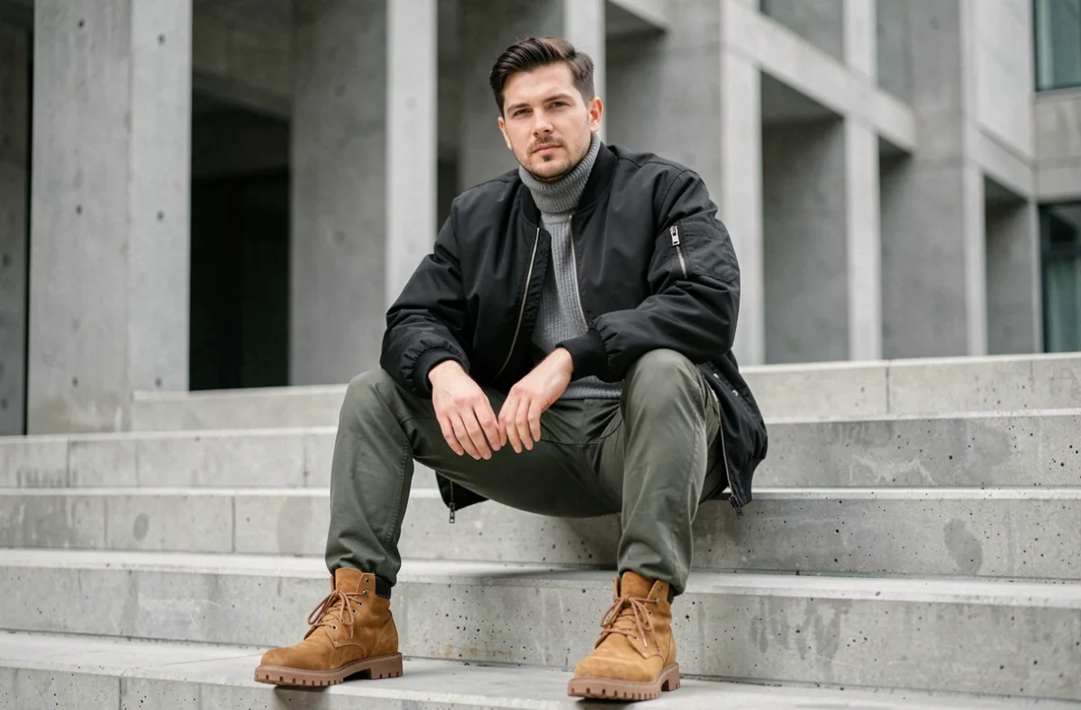 Homme stylé en bomber noir oversized et cargo olive assis sur des marches en béton, look drip structuré