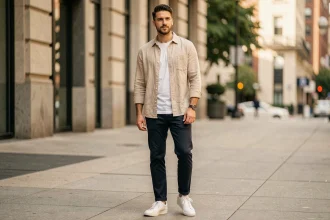 Homme en tenue drip casual avec overshirt beige, tee-shirt blanc et sneakers cuir blanc dans un cadre urbain
