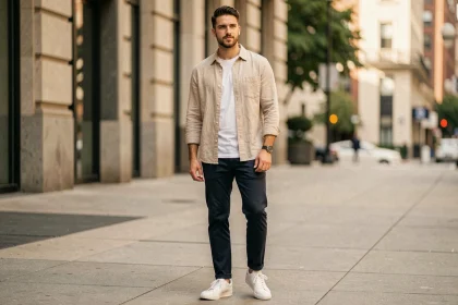 Homme en tenue drip casual avec overshirt beige, tee-shirt blanc et sneakers cuir blanc dans un cadre urbain