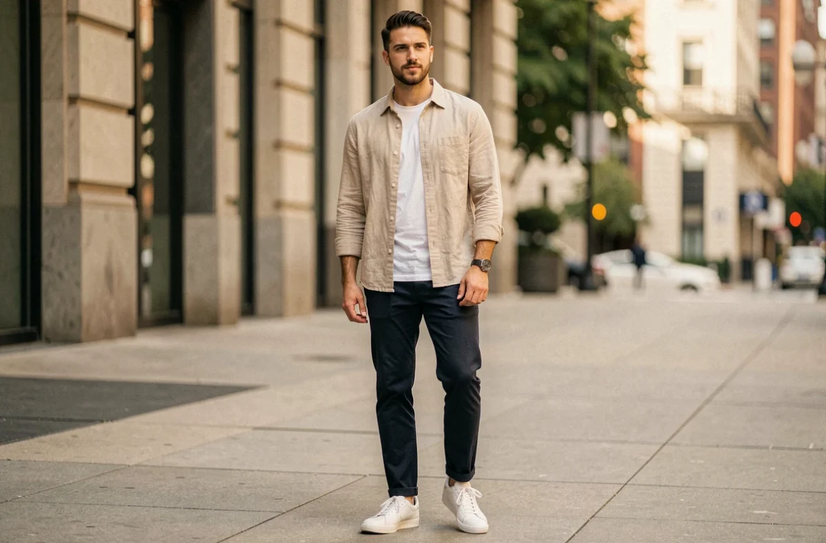 Homme en tenue drip casual avec overshirt beige, tee-shirt blanc et sneakers cuir blanc dans un cadre urbain