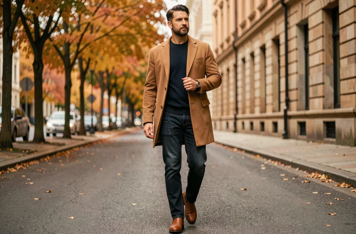Homme en manteau camel et Chelsea boots cognac marchant dans une rue aux façades en pierre, look drip élégant automnal