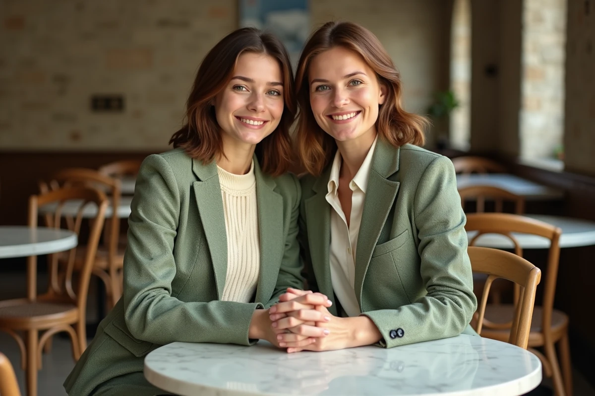 Mère et fille adolescente en tenues assorties vert sauge et crème dans un café parisien, look matchy matchy sophistiqué