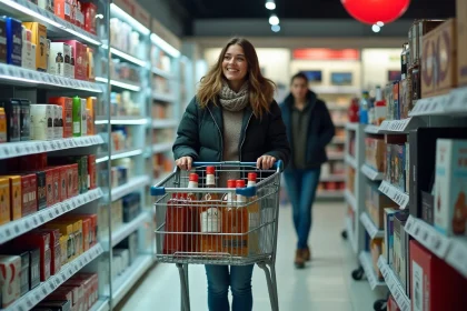 Femme faisant ses achats dans un magasin duty-free au Pas de la Case en Andorre, caddie rempli de produits moins chers qu'en France
