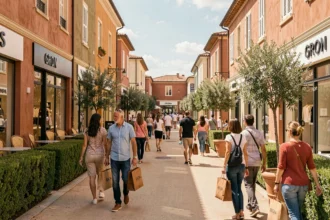 Vue panoramique d'un village de magasins d'usine en Gironde avec des boutiques alignées et des promeneurs portant des sacs shopping