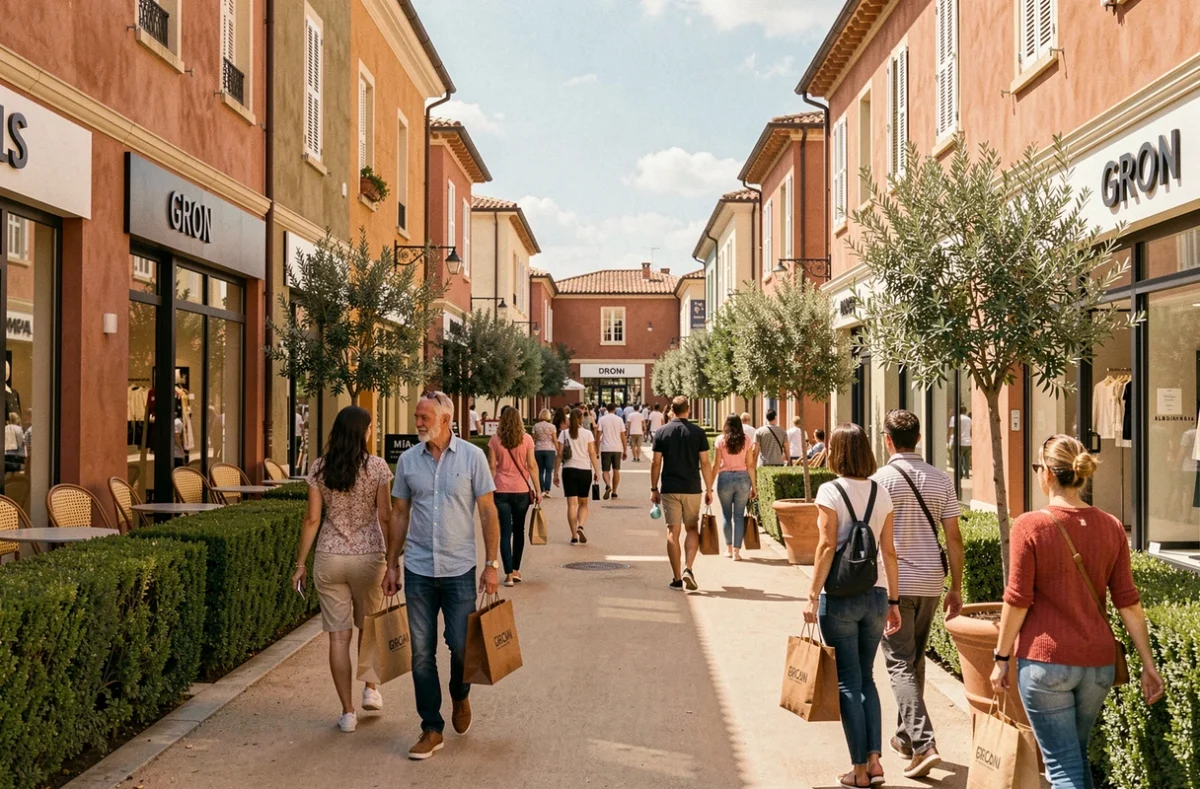 Vue panoramique d'un village de magasins d'usine en Gironde avec des boutiques alignées et des promeneurs portant des sacs shopping