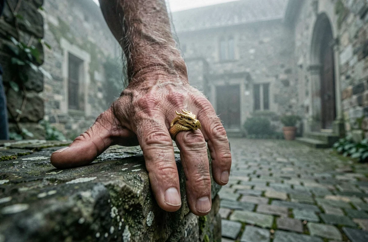 Main masculine avec bague dorée en forme de dragon posée sur une surface en pierre ancienne dans une cour historique