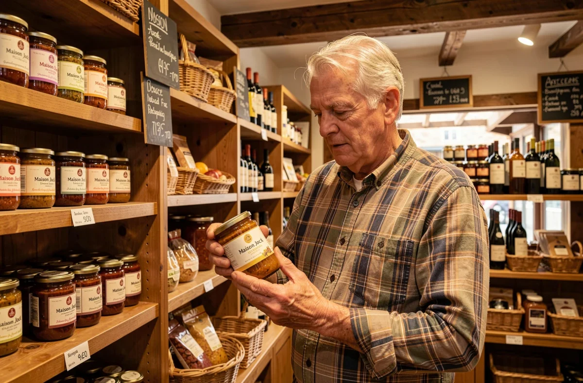 Boutique Maison Jock avec ses produits régionaux et épicerie fine exposés sur des étagères en bois et un client inspectant un pot de confit