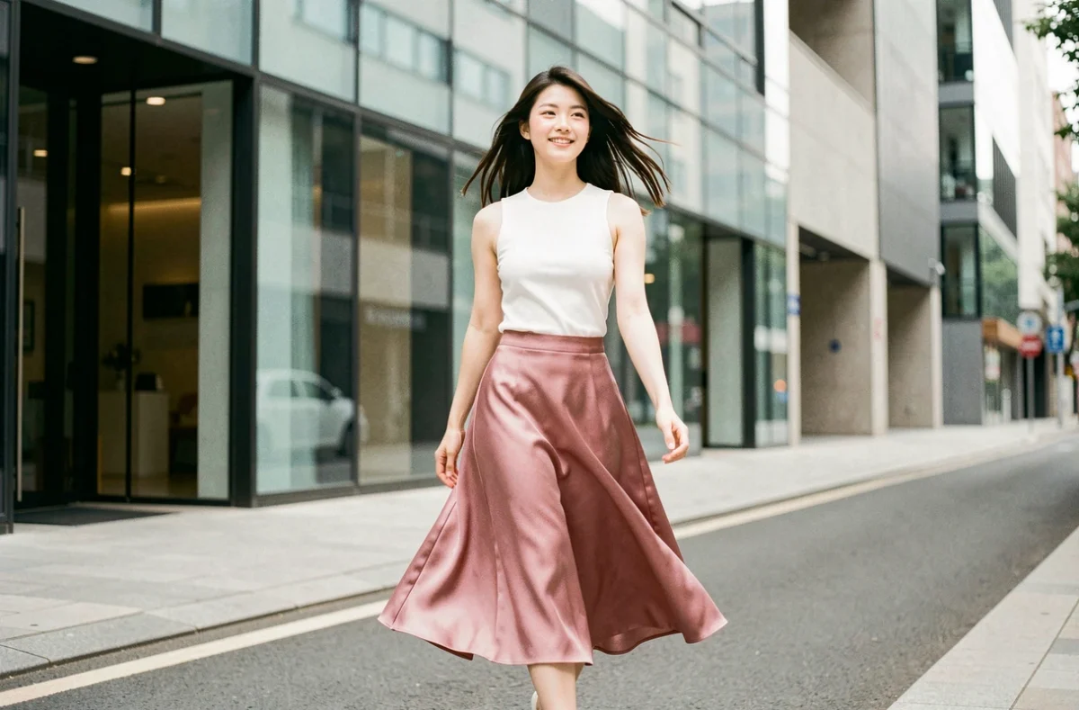 Mannequin coréenne marchant dans une rue urbaine de Séoul en jupe soie rose, photo éditoriale pour portfolio agence de mannequins