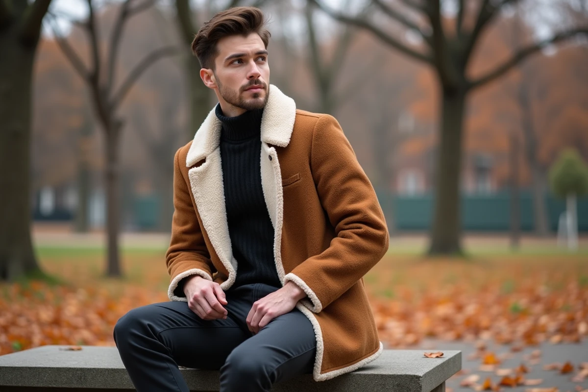 Jeune homme portant un manteau réversible sherpa retourné côté laine dans un parc urbain en automne