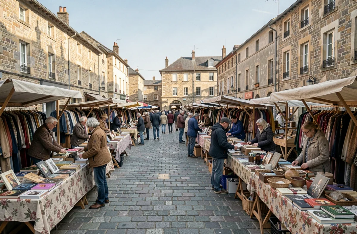 Marché Saint-Pierre à Clermont-Ferrand avec des étals de vêtements et objets de seconde main