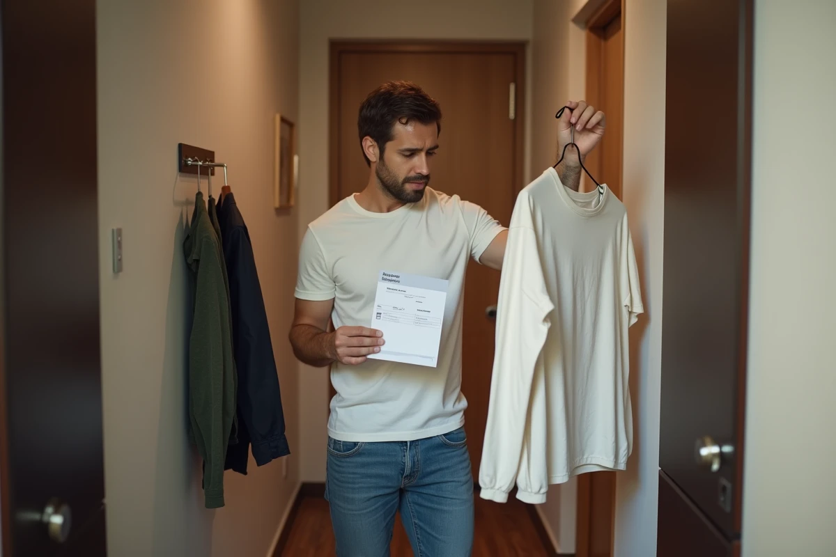 Homme tenant un vêtement de mauvaise taille reçu après une commande en ligne incorrecte