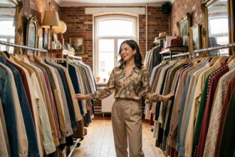 Femme explorant les rayons d'une friperie vintage chaleureuse dans le Puy-de-Dôme
