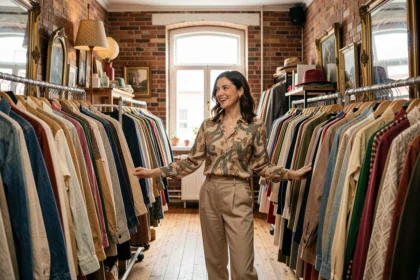 Femme explorant les rayons d'une friperie vintage chaleureuse dans le Puy-de-Dôme