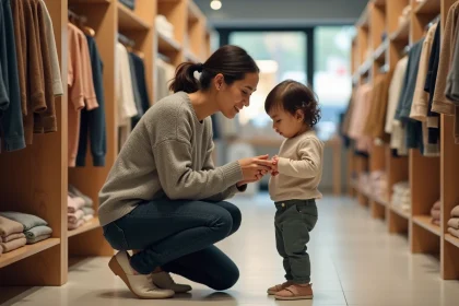 Mère et enfant en magasin de vêtements examinant une étiquette de taille 116 sur un vêtement pour enfant