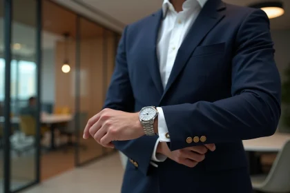 Homme en costume ajustant sa montre &eacute;l&eacute;gante dans un bureau moderne