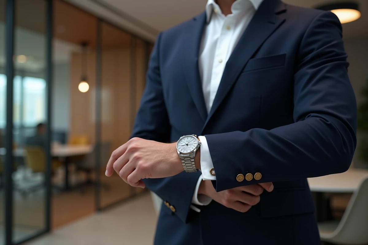 Homme en costume ajustant sa montre élégante dans un bureau moderne