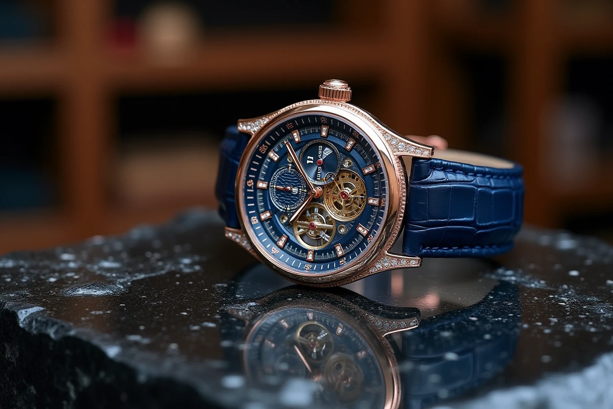 Montre de luxe squelettée en or rose avec tourbillon et diamants sur surface en obsidienne noire dans un atelier horloger parisien