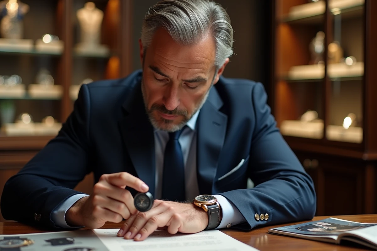 Homme en costume navy examinant une montre vintage avec loupe
