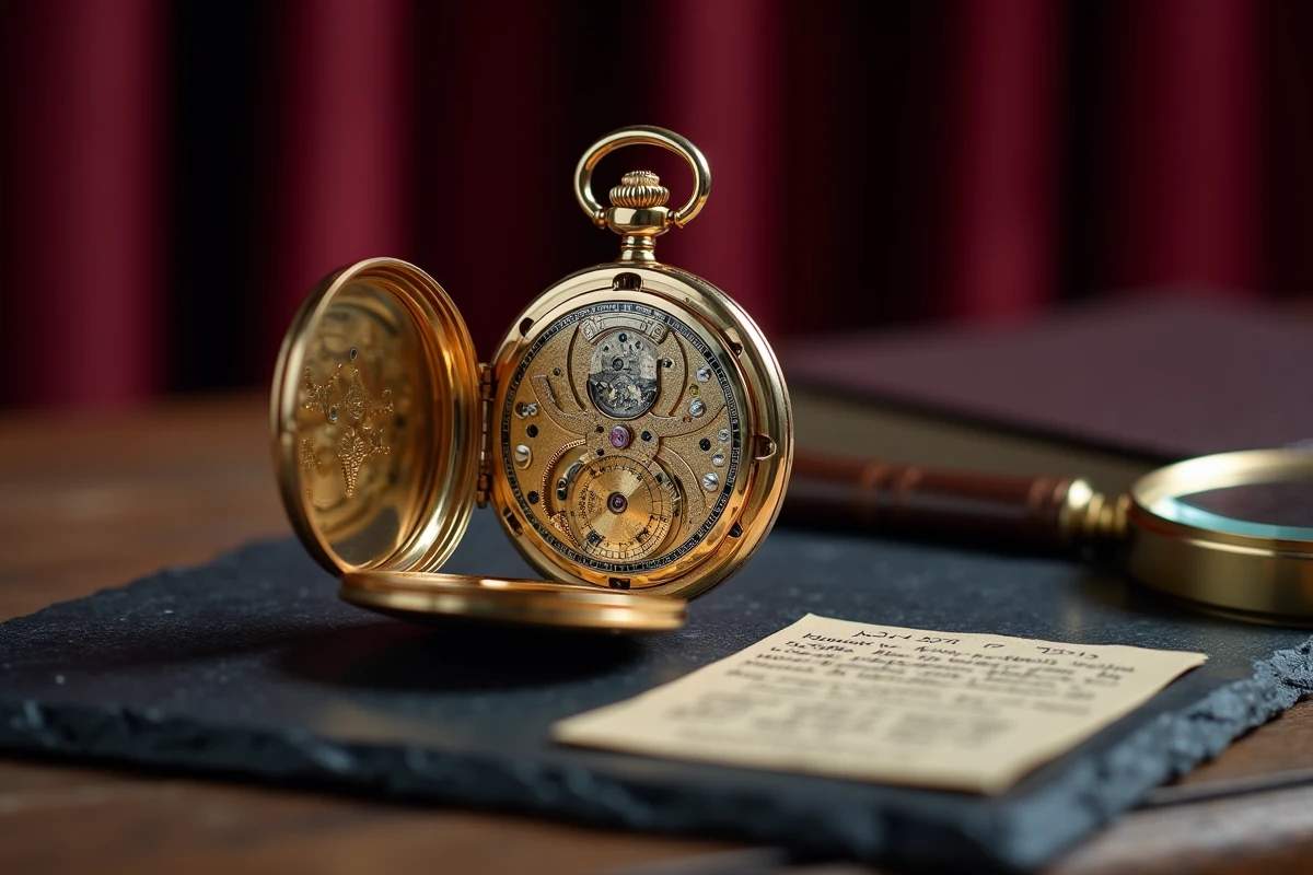 Mouvement mécanique gravé à la main d'une montre de poche de luxe en or sur ardoise anthracite