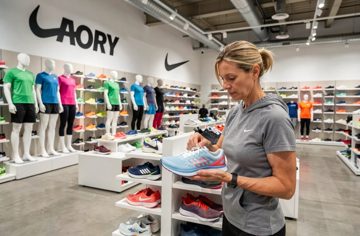 Intérieur du Nike Factory Store avec des rangées de baskets exposées et une cliente examinant une paire de chaussures de sport