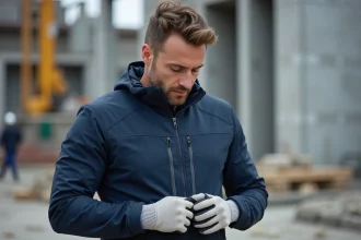 Ouvrier du bâtiment portant une veste softshell de travail bleue sur un chantier de construction