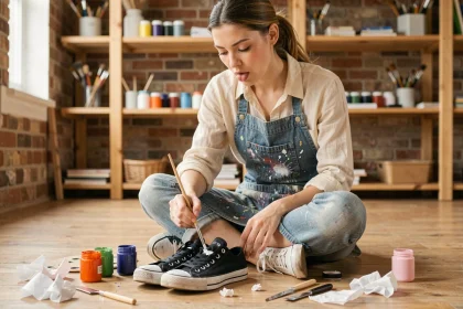 Jeune femme peignant des sneakers en toile noire avec de la peinture acrylique blanche dans un atelier créatif