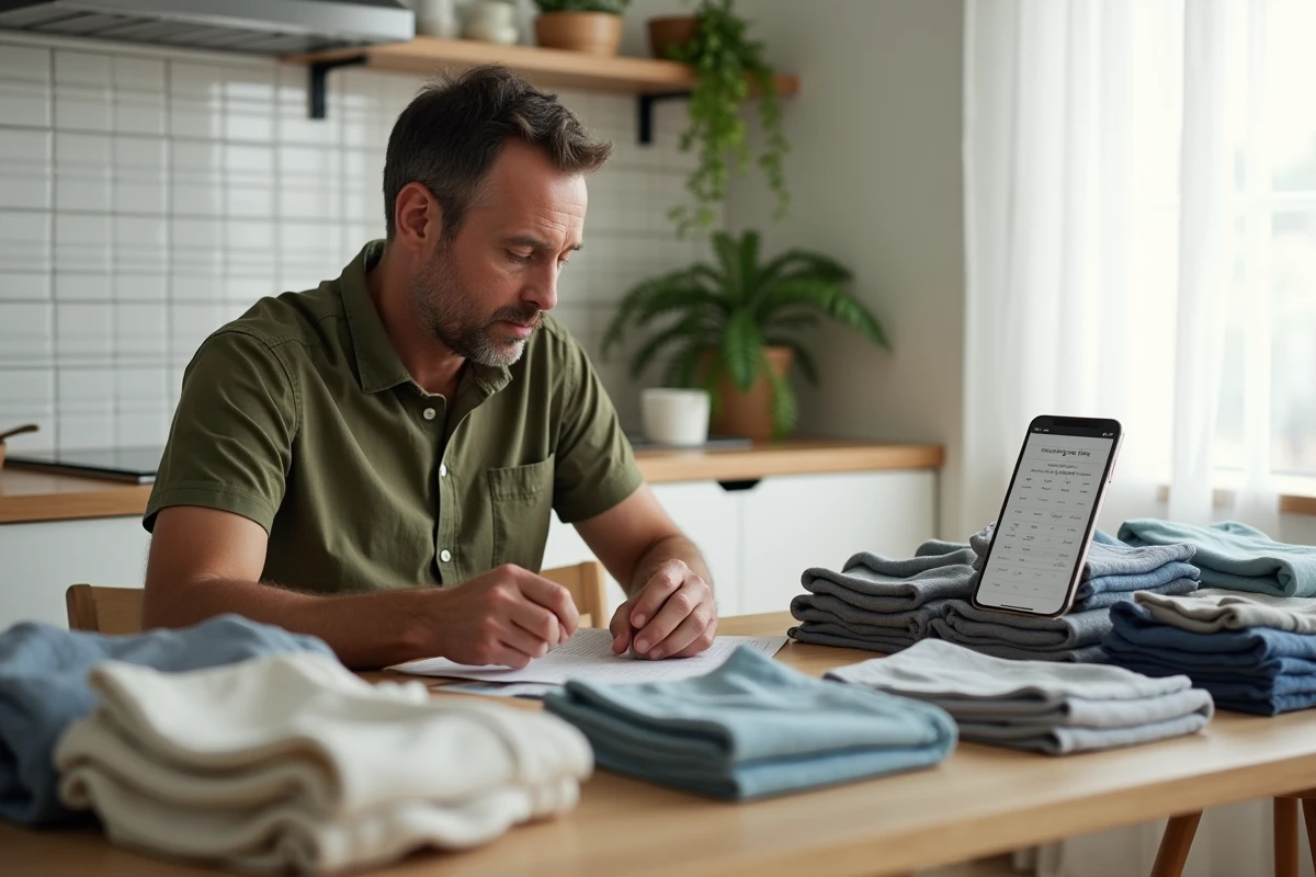 Père assis à une table de cuisine consultant un guide des tailles pour vêtements enfants autour de vêtements taille 116