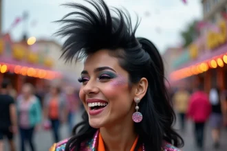 Femme portant une perruque coupe mulet noire lors d'un carnaval festif en plein air avec costume pailleté des années 80
