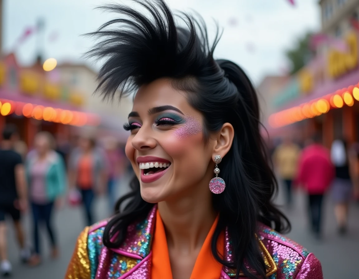 Femme portant une perruque coupe mulet noire lors d'un carnaval festif en plein air avec costume pailleté des années 80