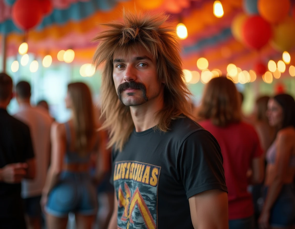 Homme avec perruque mulet bicolore et fausse moustache en costume de carnaval dans une salle de fête intérieure