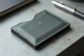 Porte-carte minimaliste en cuir gris anthracite posé sur un bureau en béton, vue de dessus légèrement inclinée mettant en valeur son format compact et sa texture fine.