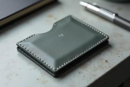 Porte-carte minimaliste en cuir gris anthracite posé sur un bureau en béton, vue de dessus légèrement inclinée mettant en valeur son format compact et sa texture fine.