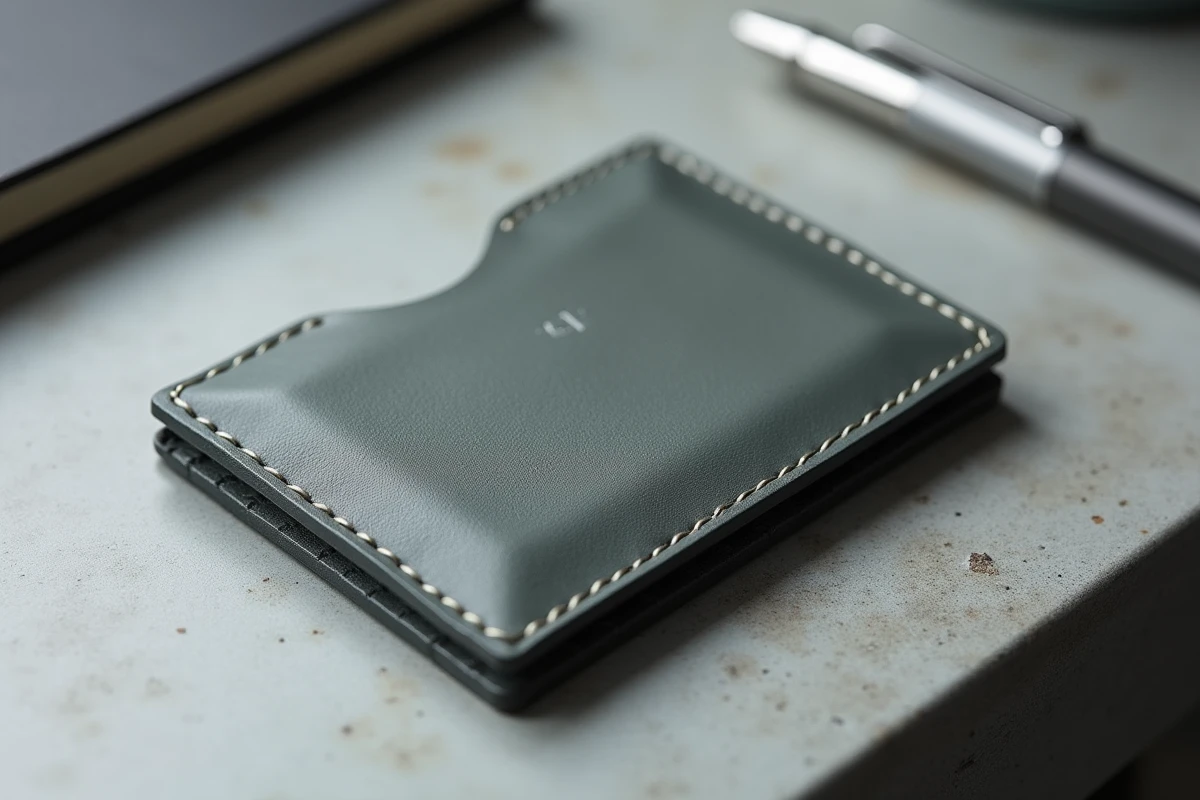 Porte-carte minimaliste en cuir gris anthracite posé sur un bureau en béton, vue de dessus légèrement inclinée mettant en valeur son format compact et sa texture fine.
