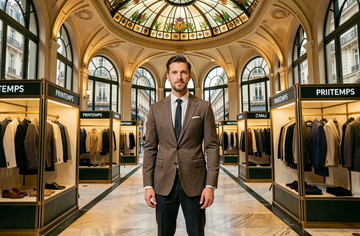 Homme en costume à carreaux sur l'étage mode masculine du Printemps Haussmann avec la célèbre coupole Art Déco en arrière-plan