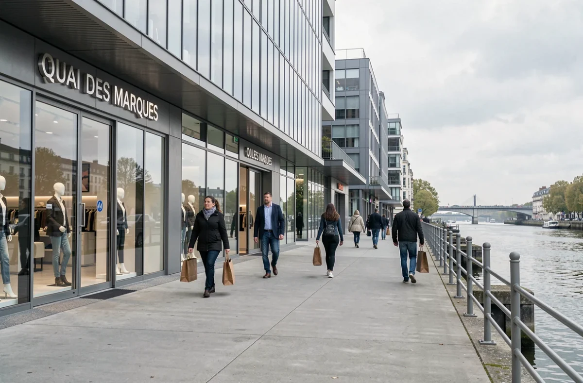 Le Quai des Marques à Bordeaux avec ses boutiques modernes le long des quais de la Garonne