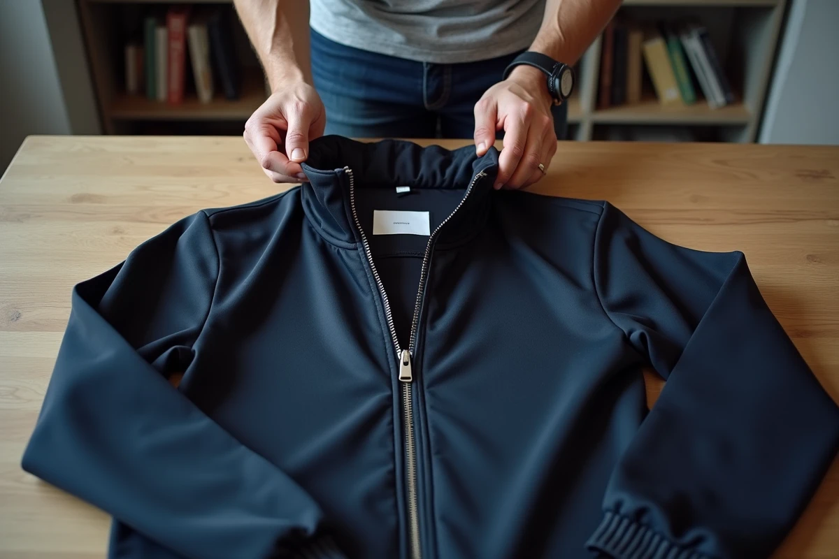 Homme inspectant la qualité de couture et la fermeture éclair d'une veste streetwear posée à plat