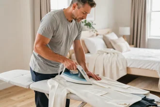 Homme repassant une veste de costume de mariage blanc sur une planche à repasser la veille du mariage