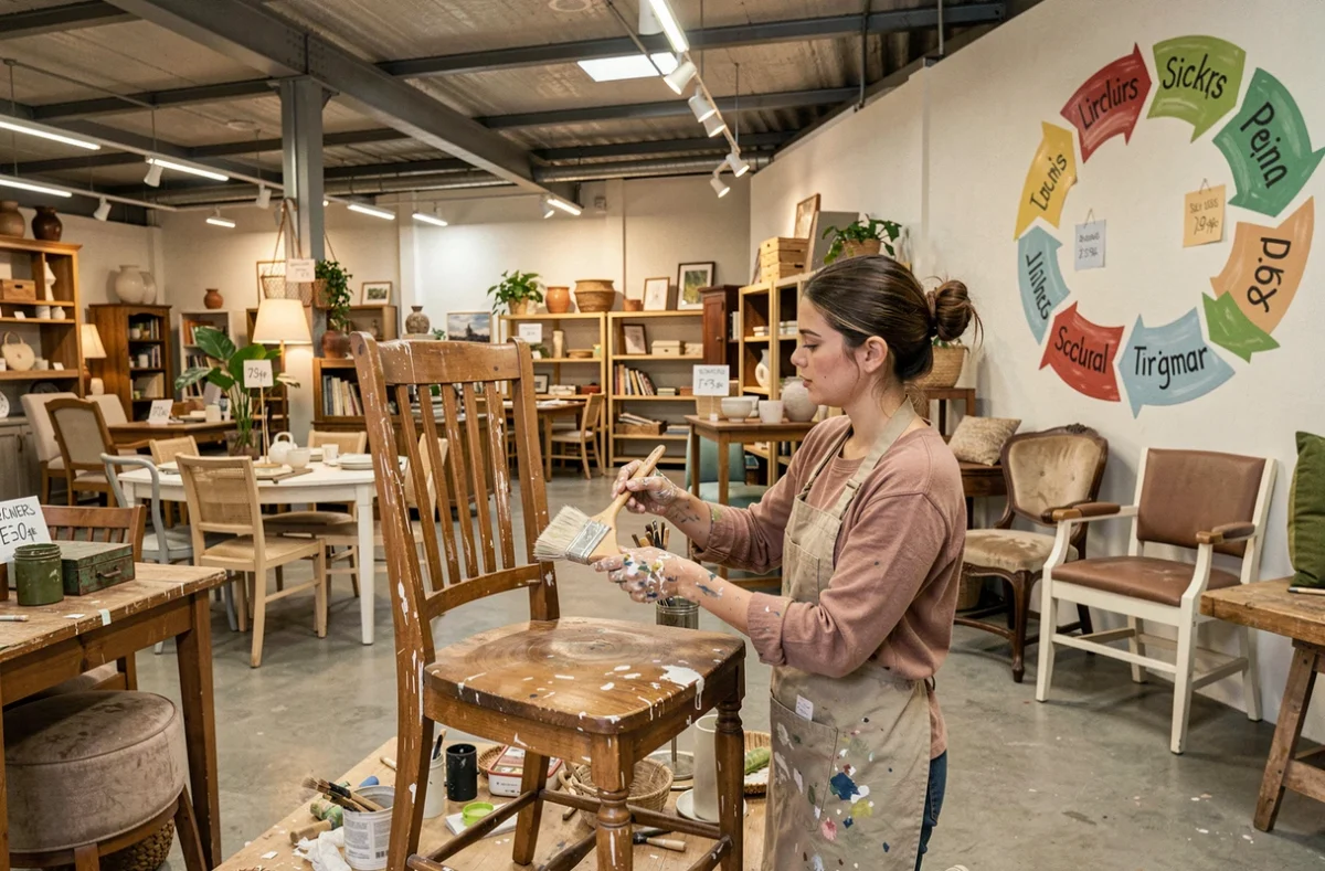 Artisane restaurant une chaise vintage dans l'atelier de La Ressourcerie du Val-d'Oise à Villiers-le-Bel