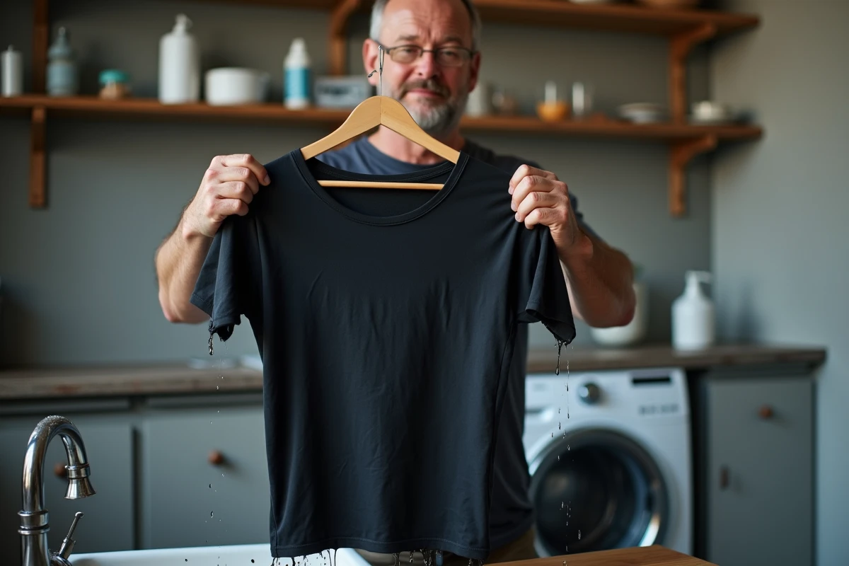 Homme inspectant un t-shirt fraîchement teint en noir au-dessus d'un évier de buanderie, résultat de teinture textile maison