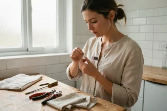 Femme retirant un antivol de vêtement sur un établi en bois avec des outils adaptés dans une buanderie domestique