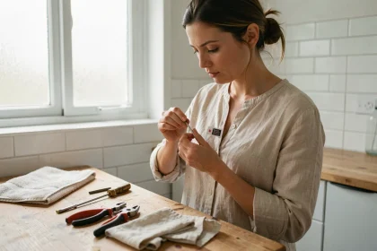 Femme retirant un antivol de vêtement sur un établi en bois avec des outils adaptés dans une buanderie domestique