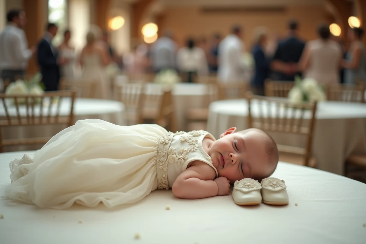 Robe de baptême en organza brodée posée sur un bébé allongé sur un linge en lin crème dans une salle de réception décorée