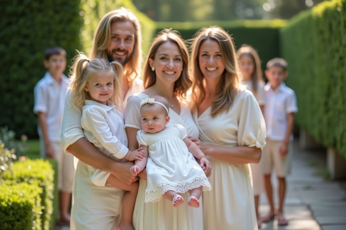 Famille recomposée réunie pour un baptême, bébé en robe blanche en dentelle tenue dans les bras d'une femme en robe ivoire dans un jardin fleuri