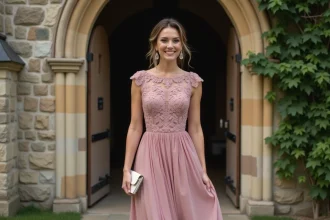Femme en robe midi rose poudré avec dentelle pour un mariage religieux, posant devant une église en pierre