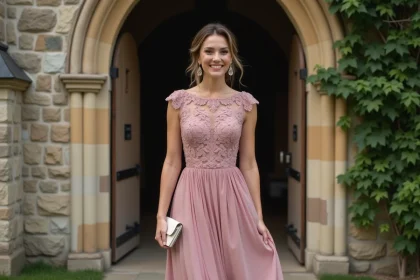 Femme en robe midi rose poudré avec dentelle pour un mariage religieux, posant devant une église en pierre