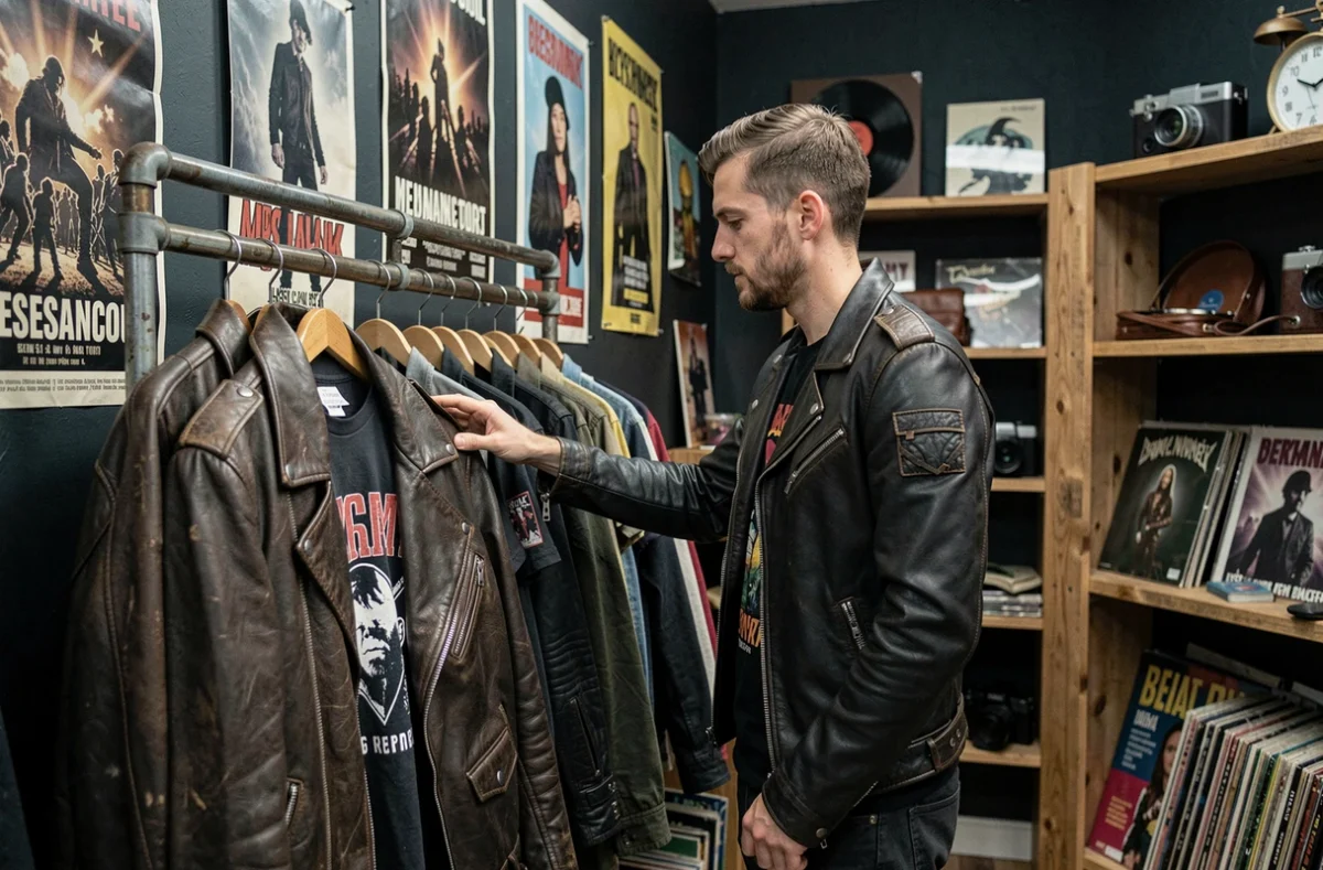 Client parcourant des vestes en cuir vintage dans la boutique Le Rokavik Mode à Bessancourt