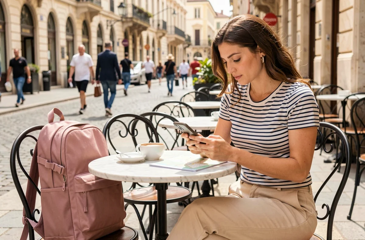Femme avec sac à dos léger pour voyager posé sur une chaise de café en terrasse en ville