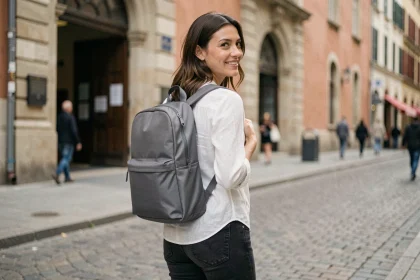 Femme portant un sac à dos ville ultra léger en week-end devant une gare européenne