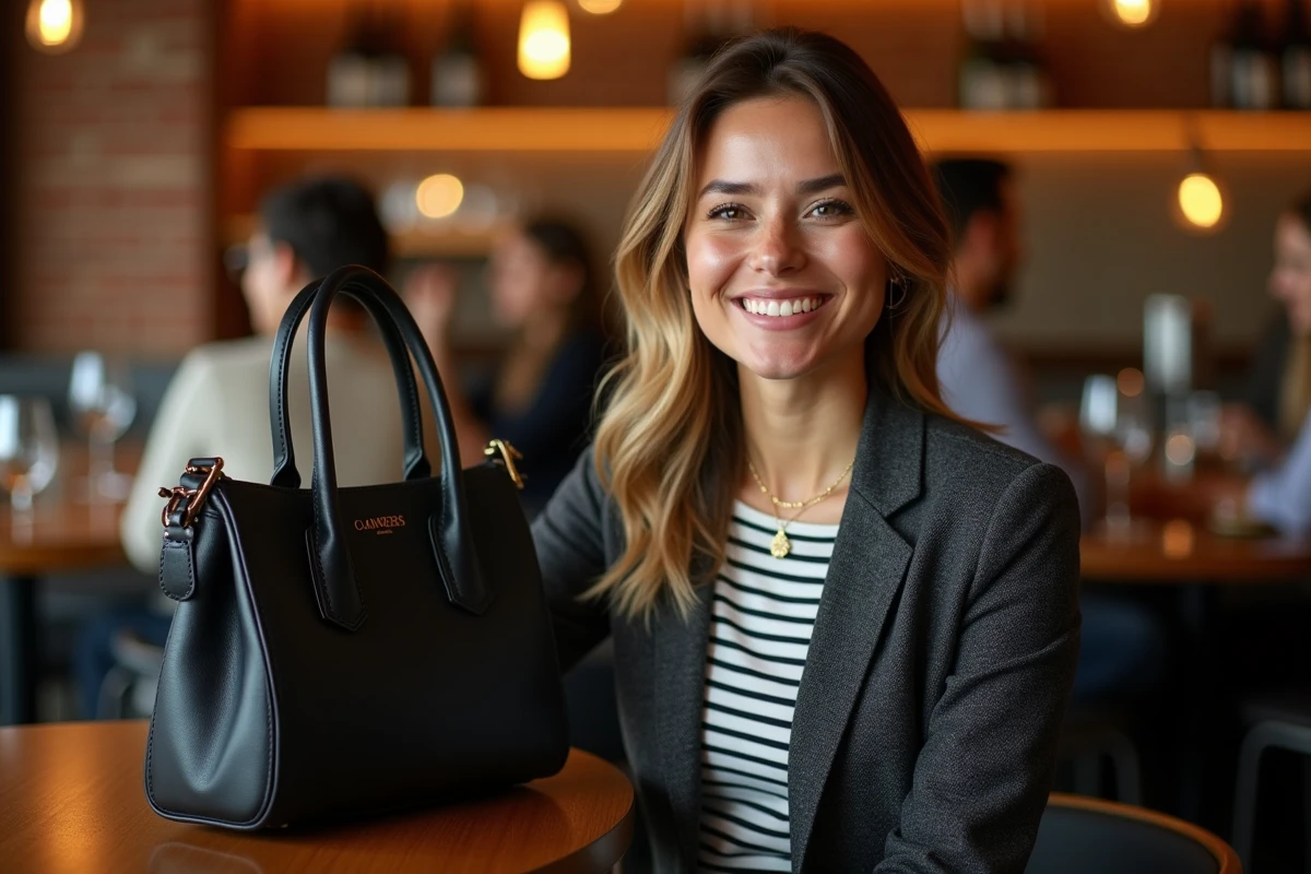 Femme en afterwork dans un bar avec son sac à main de bureau, transition élégante du travail à la soirée